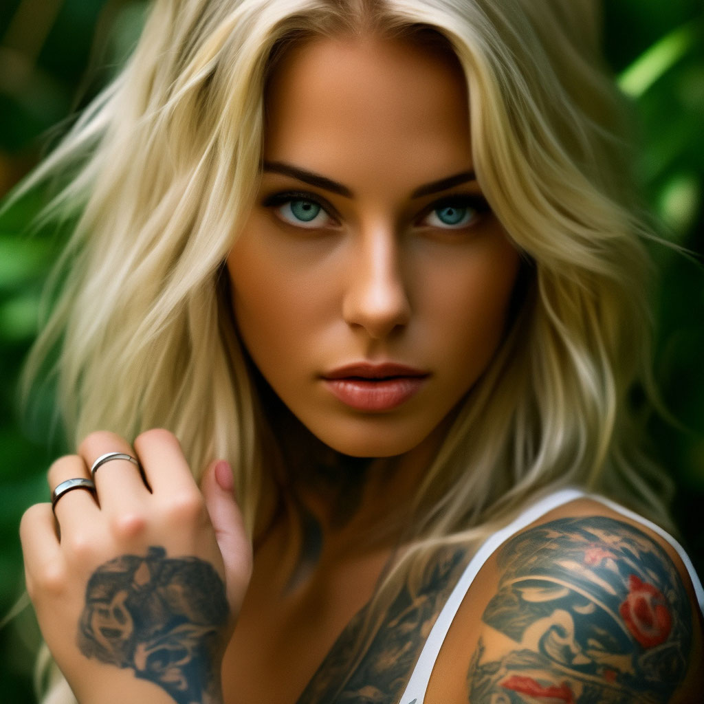 Обои: Красивая блондинка с татуировками на теле на сером фоне