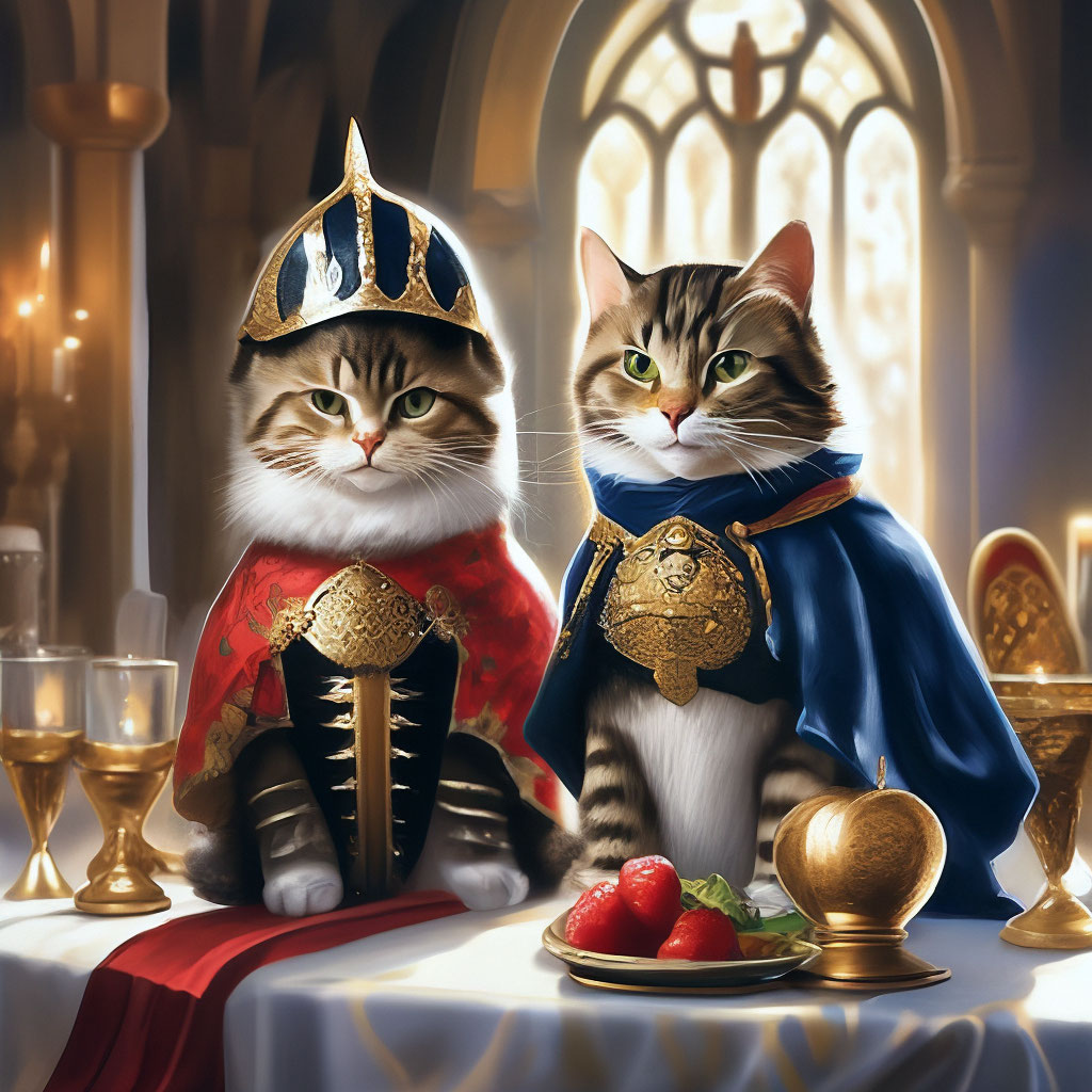 A cat in a medieval dress next to a image created in Shedevrum