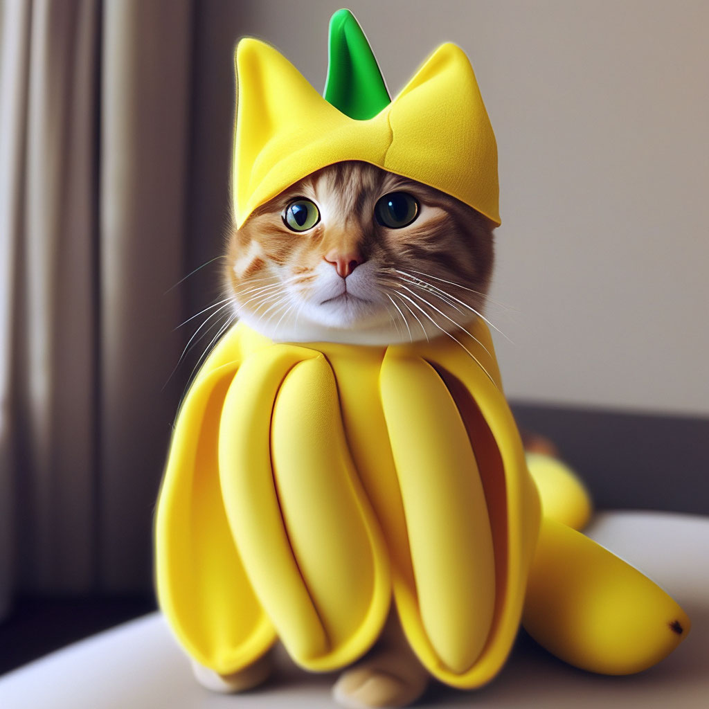 A cat in a banana costume image created in Shedevrum