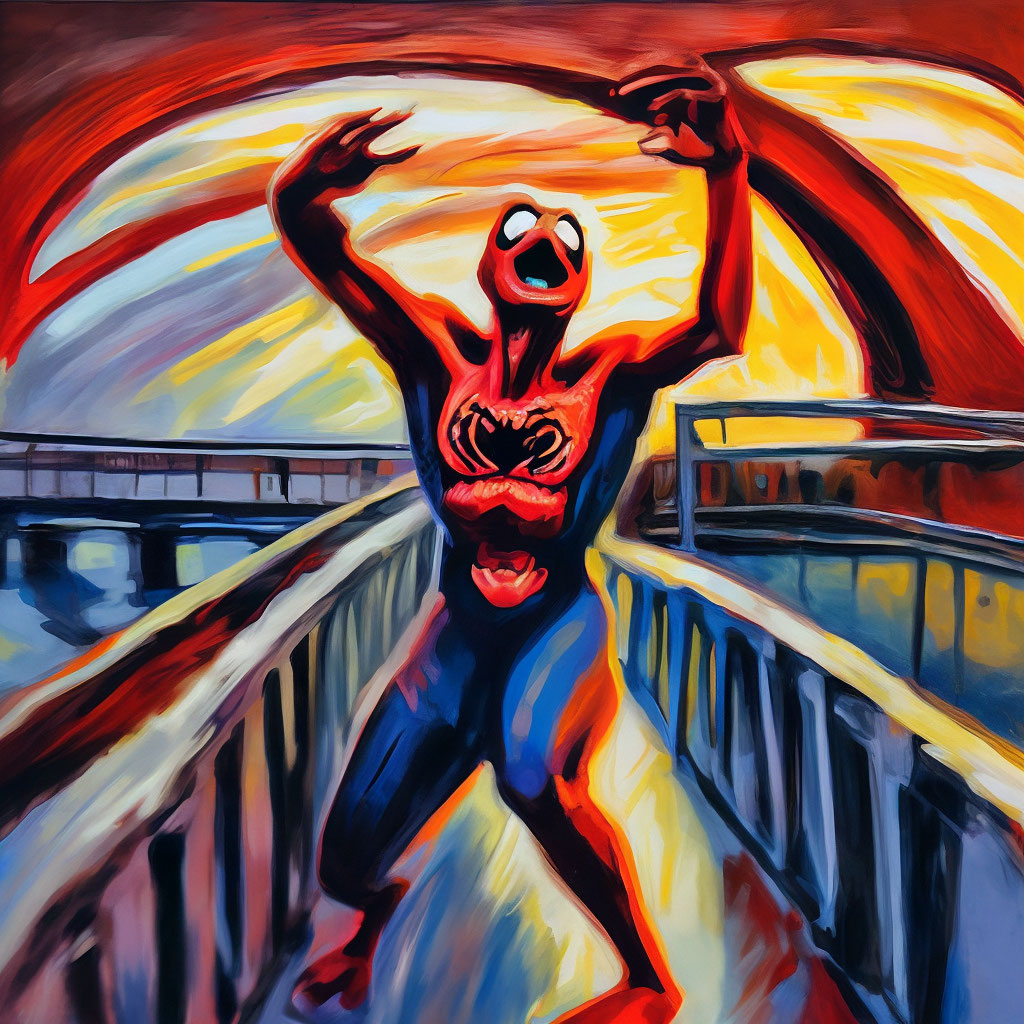 Спайдермен, кричит на мосту, картина…» — создано в Шедевруме