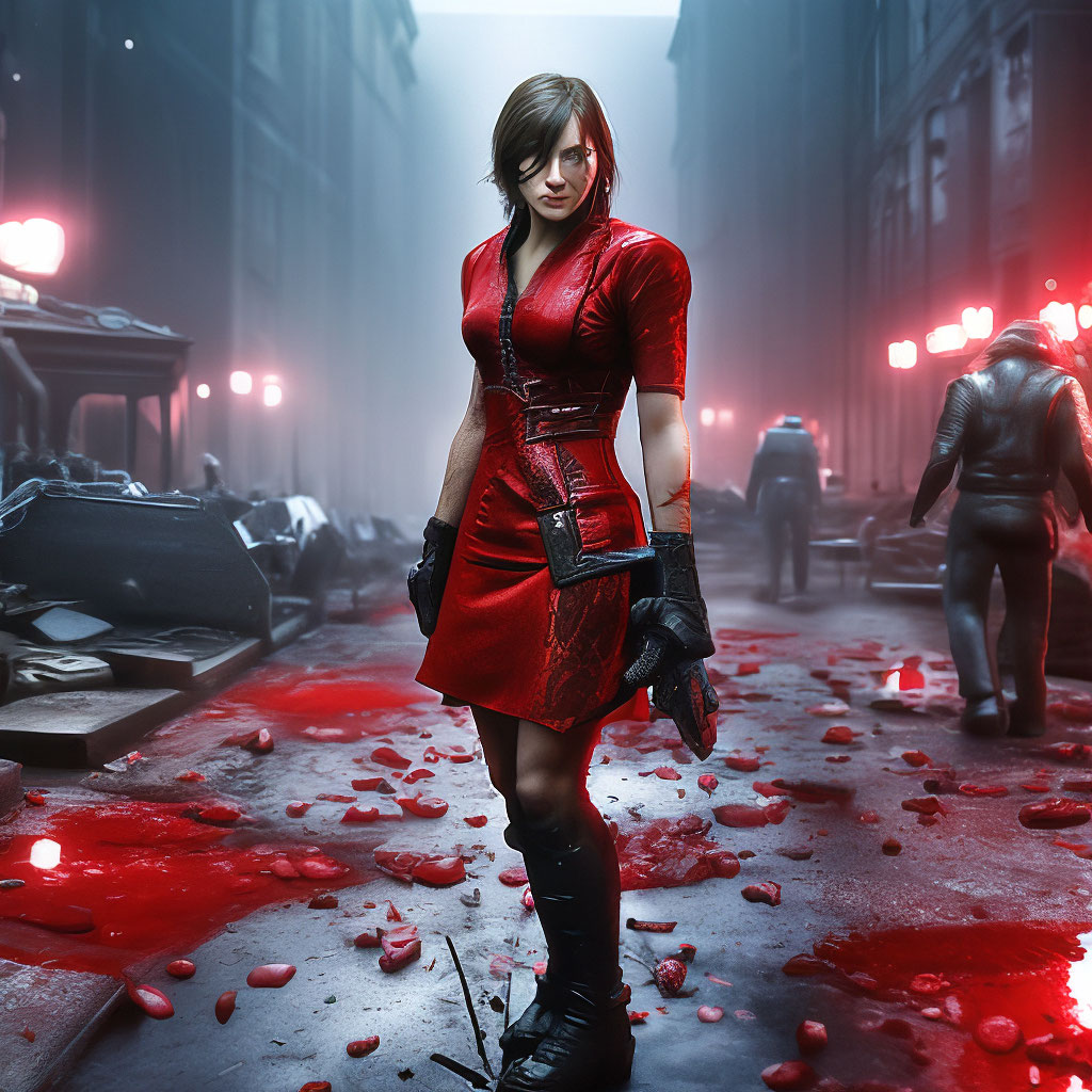 Resident Evil, Alice in a red dress, weapons, zombies, horror, horror, dark  "  image created in Shedevrum