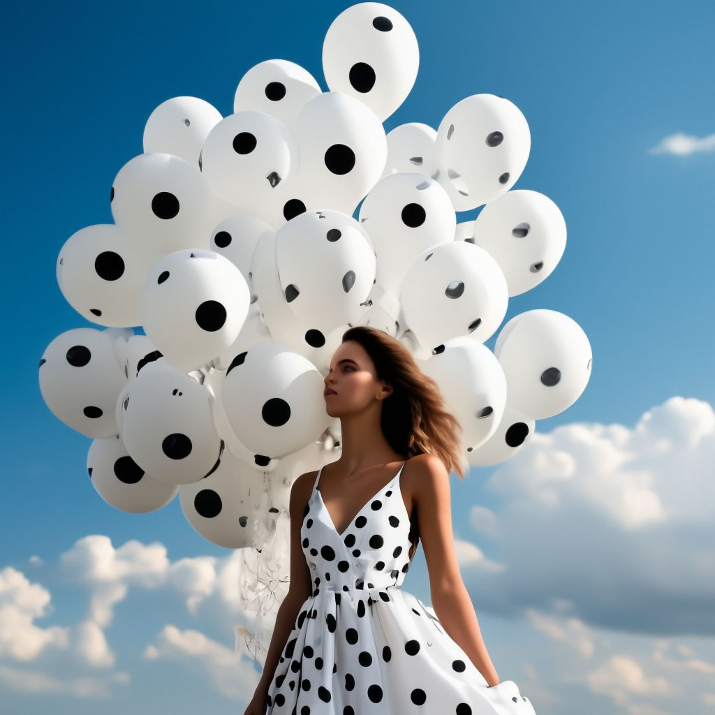 Молодая женщина в блестящем платье с бокалом вина на фоне воздушных шаров.