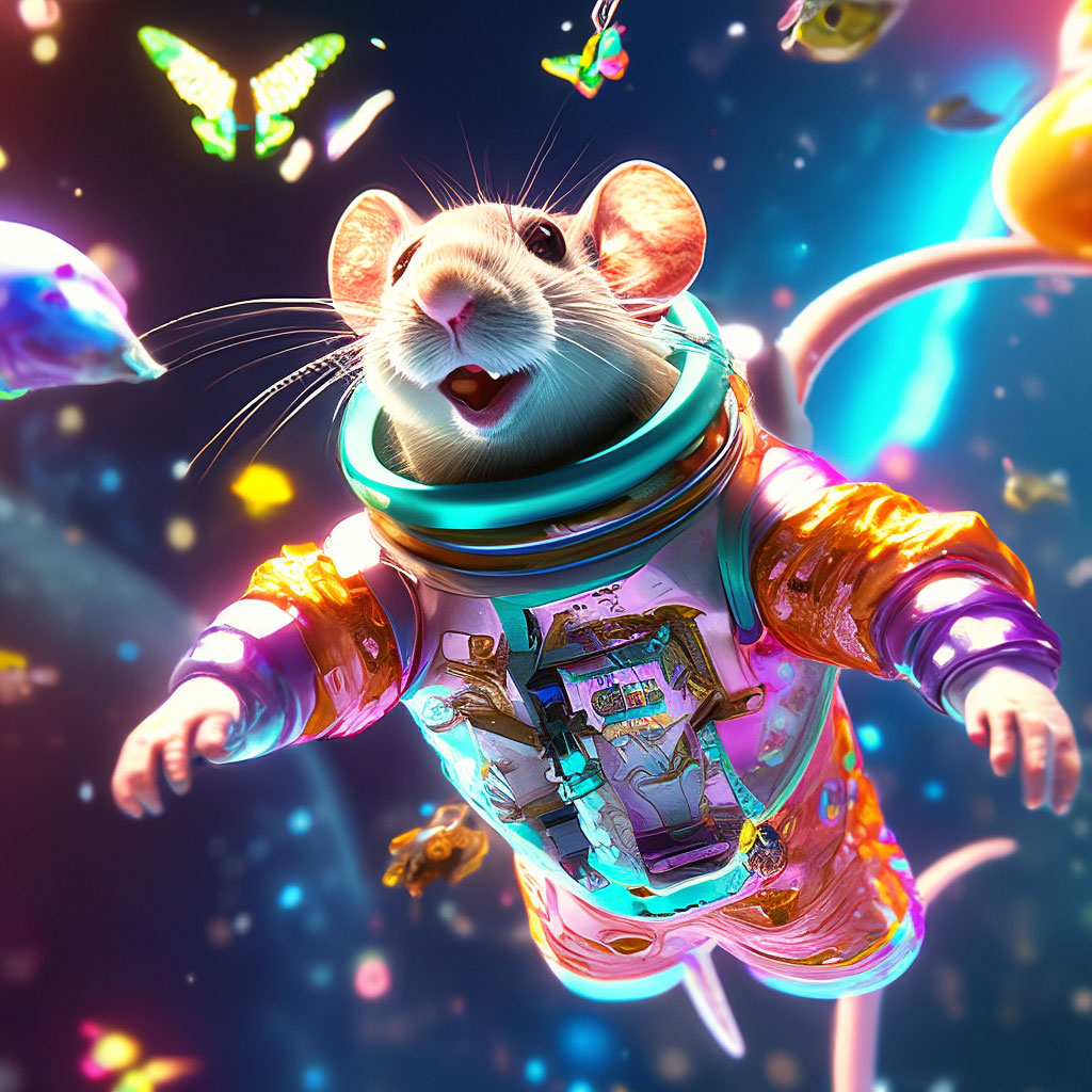 "A cheerful rat in a spacesuit, flying in an open, colorful, shiny ...