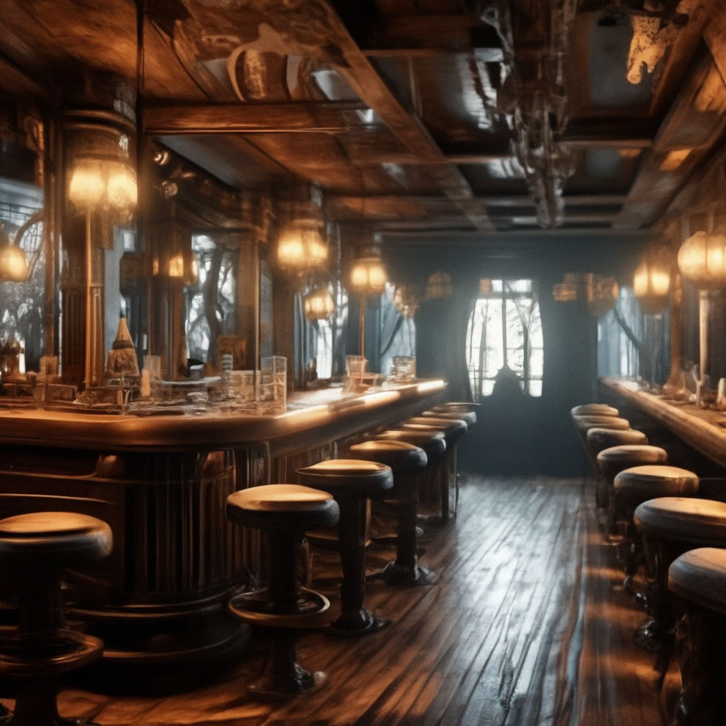 "The hall of a modern bar with a design for the cabins of a pirate ship ...