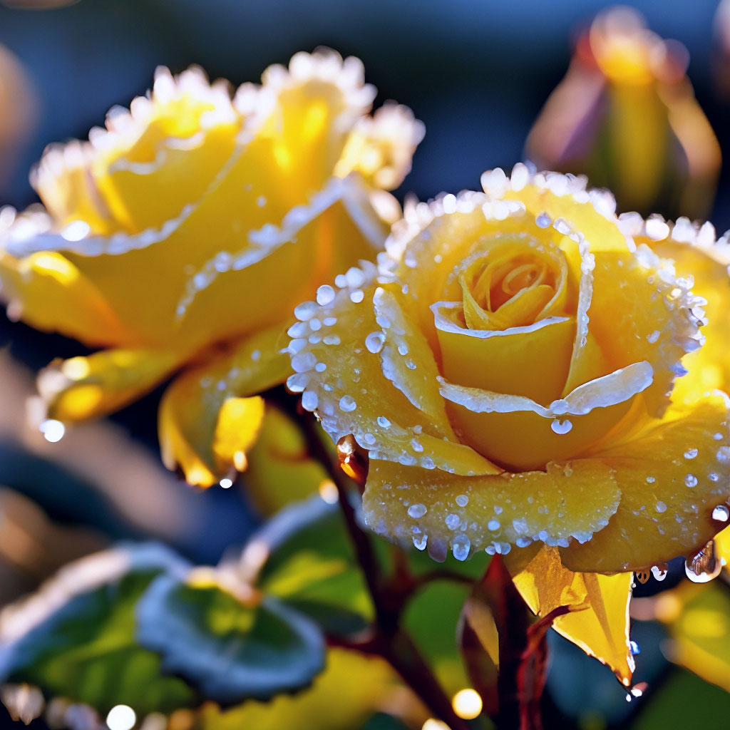 rose bush with yellow roses, dew and frost droplets sparkle and shine ...