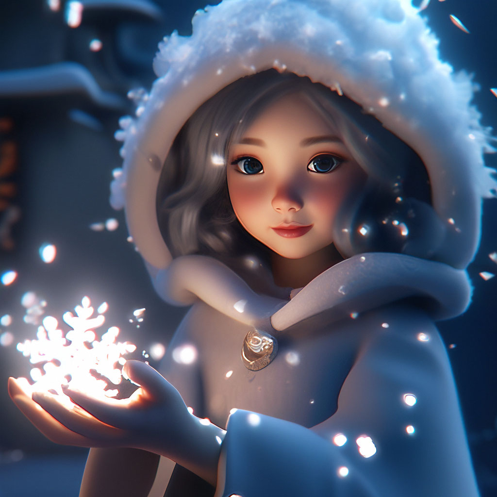 on the sorceress's hand, a little animated snowflake girl