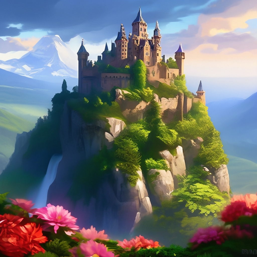 "An old castle on top of a mountain, all in greenery and flowers ...