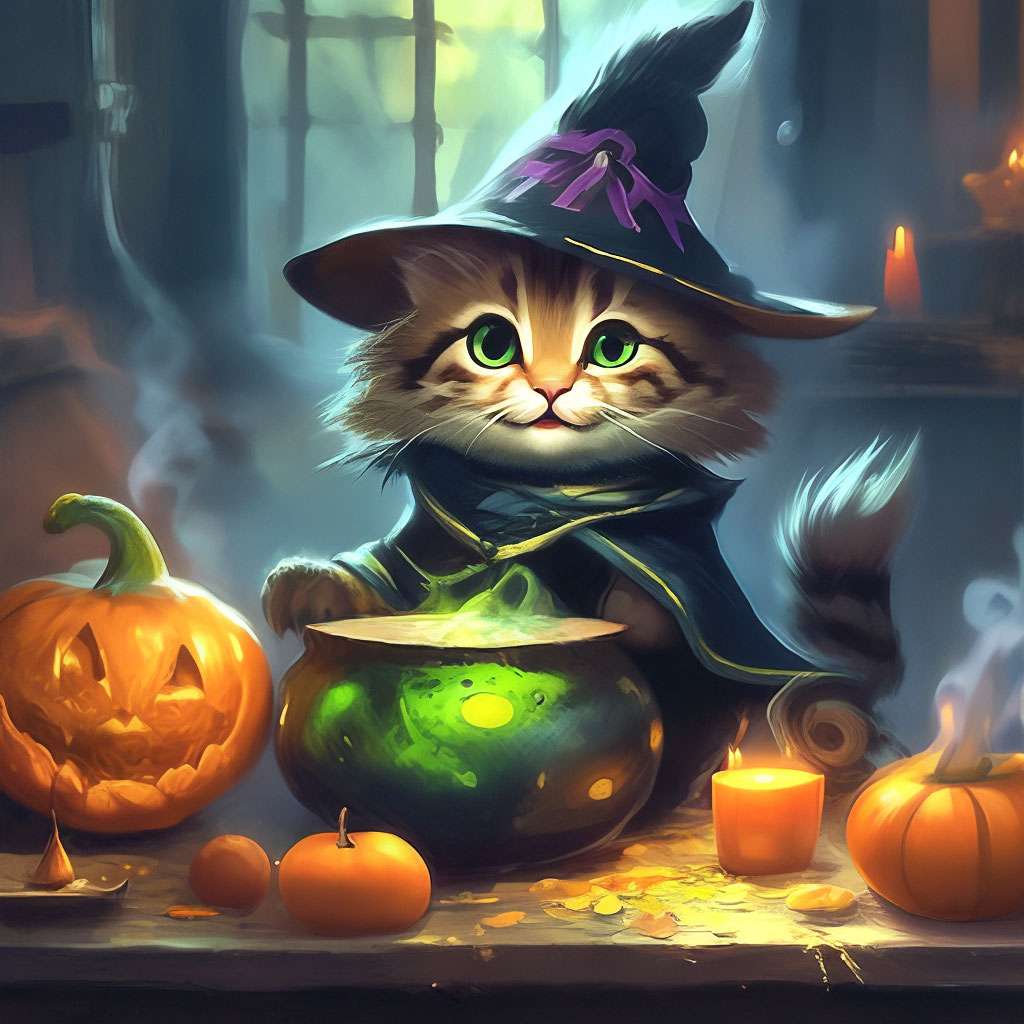 "The cat is dressed up as a witch and cooks a pumpkin potion with a ...
