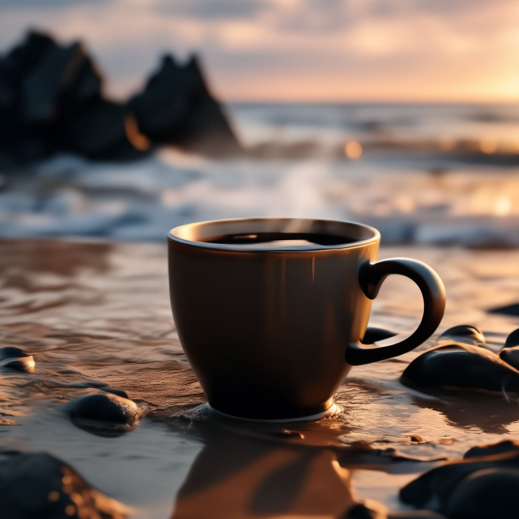 "A cup of hot coffee standing on the sand, steam from a cup, dawn ...