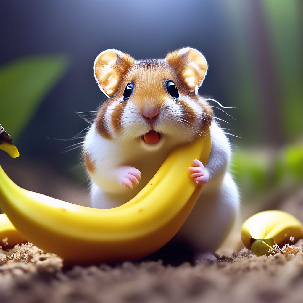 Хомяк и банан картинка мем "A hamster bites a banana twice as big." image created in Shedevrum