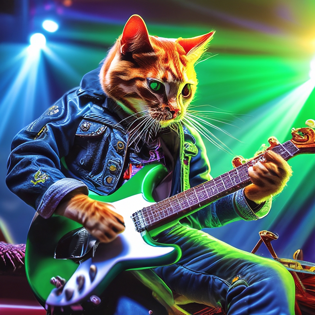 "The cat plays an electric guitar, the cat is a rocker, the cat has ...