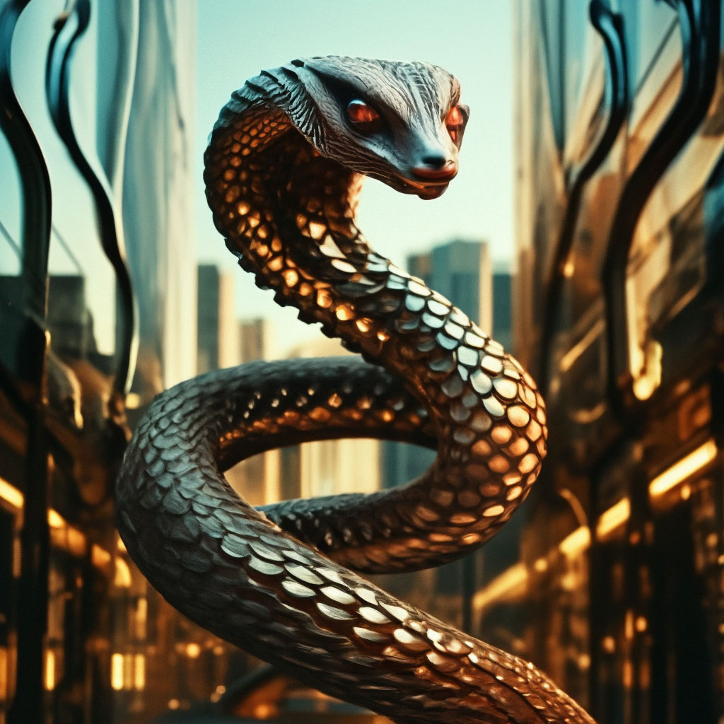 "Futuristic building in the shape of a snake woman, triple exposure ...