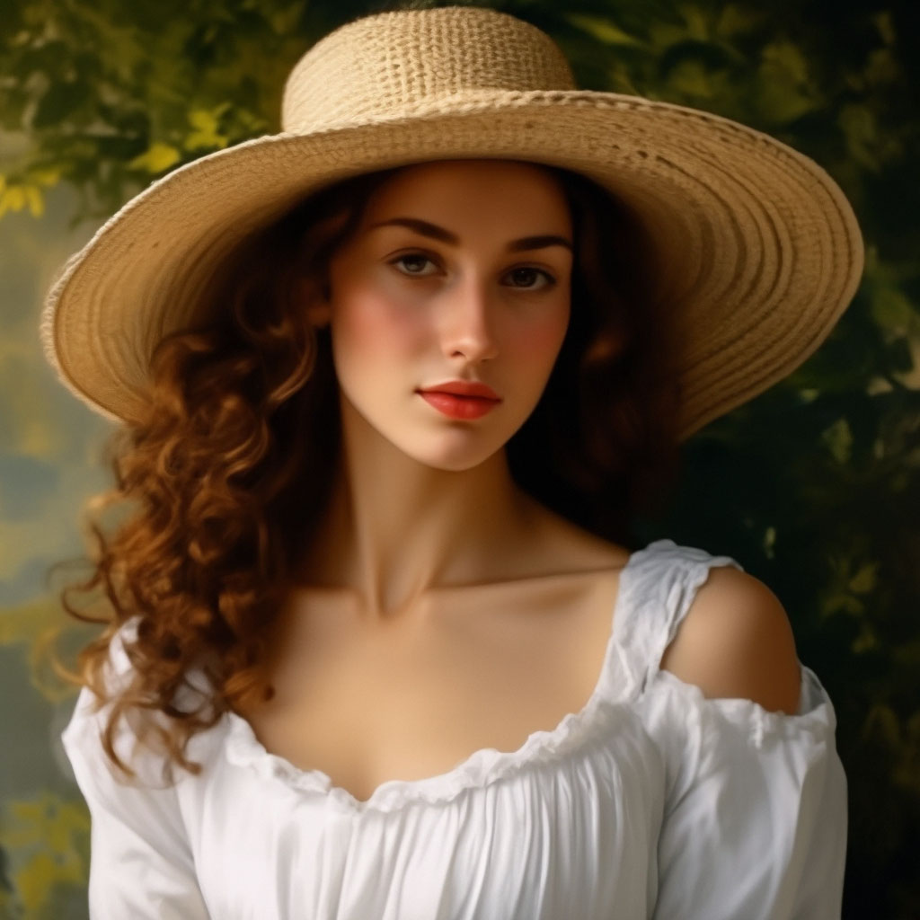 "Painting of a woman in a white dress and straw hat, a fine art ...