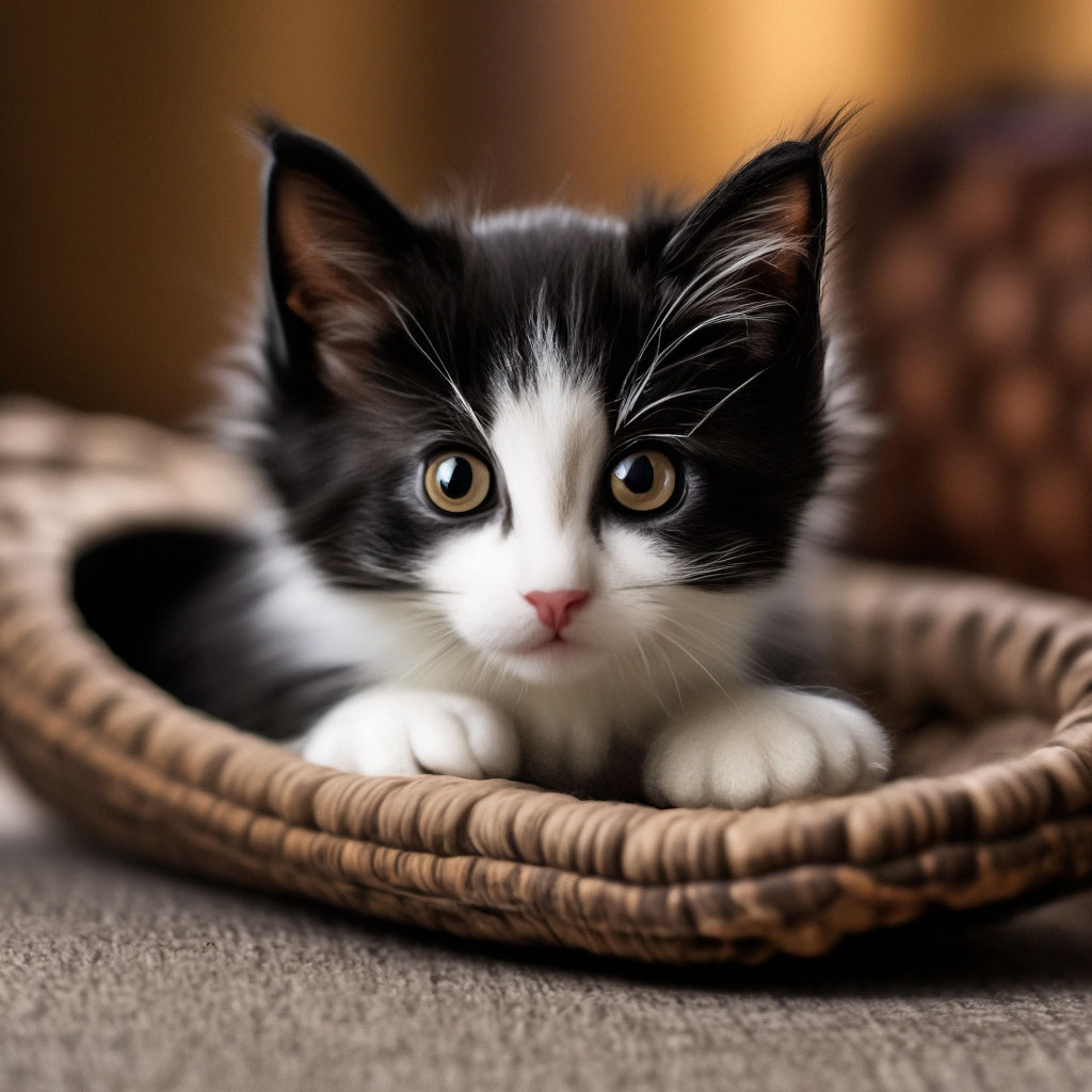Черно - белый котенок лежит в …» — создано в Шедевруме