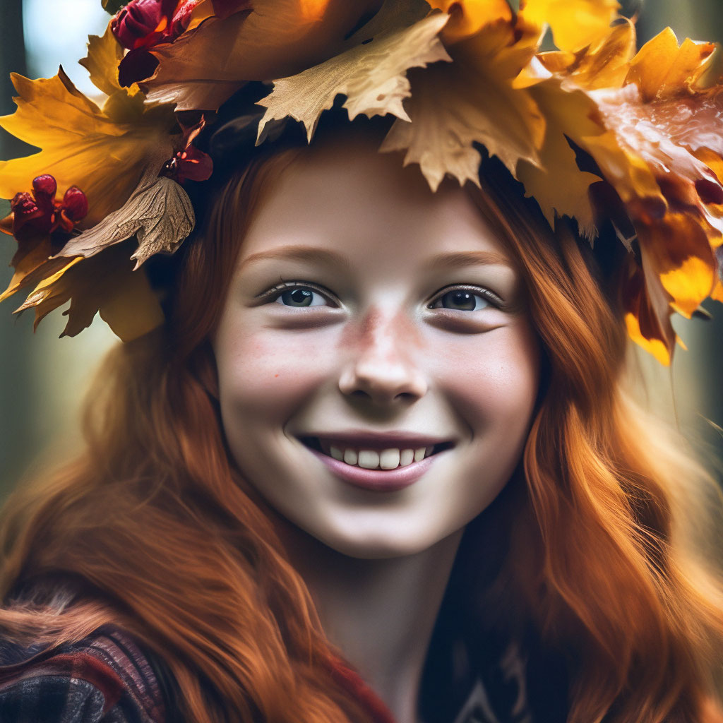 "Real photo of a girl in a wreath of maple leaves, in an autumn forest ...