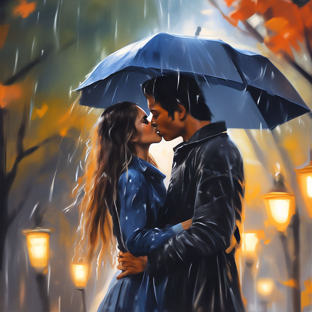 "Autumn, a man and a woman kissing in the rain" — image created in ...