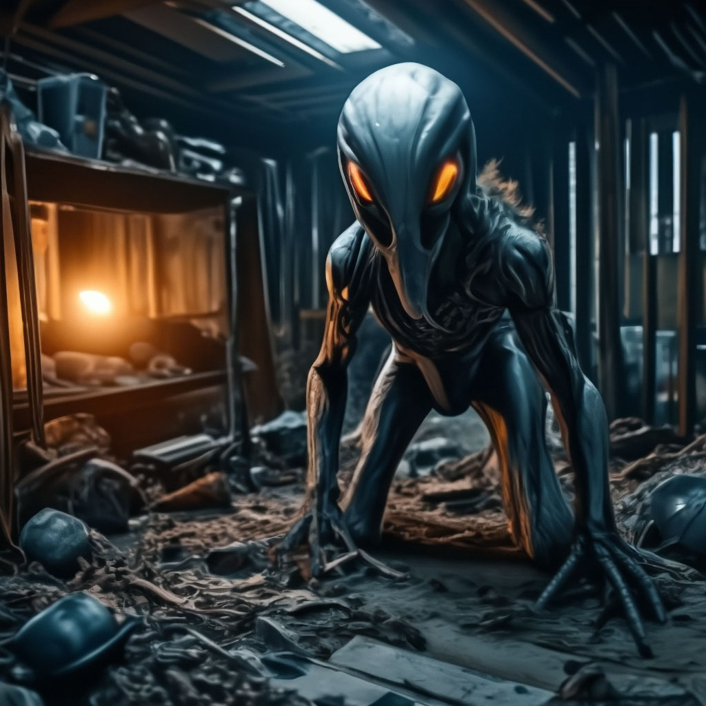 "Wide angle Environmental shot of alien creature in a cluttered and ...