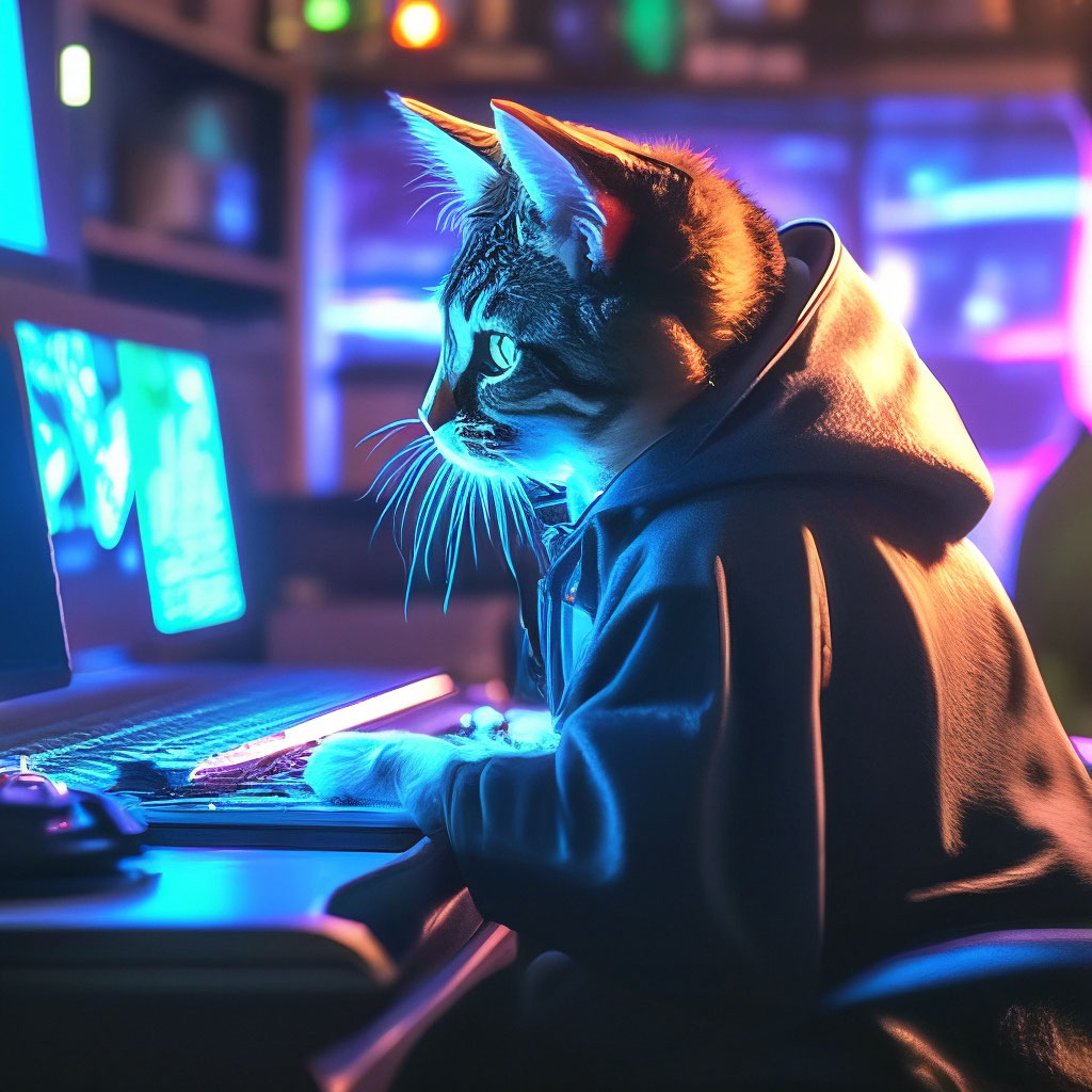 "Programmer cat, behind a laptop, in a black hoodie, in a hacker's room ...