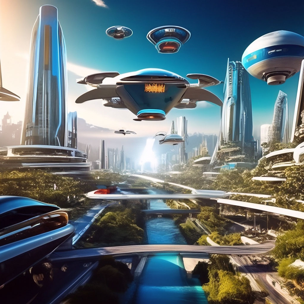 "A fantastic city of the future with flying cars on the background of ...