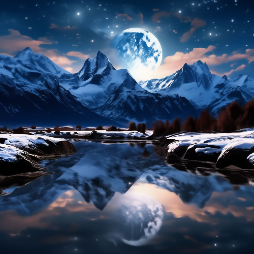 "Full moon+ reflection, stars, mountains, winter, aesthetically ...