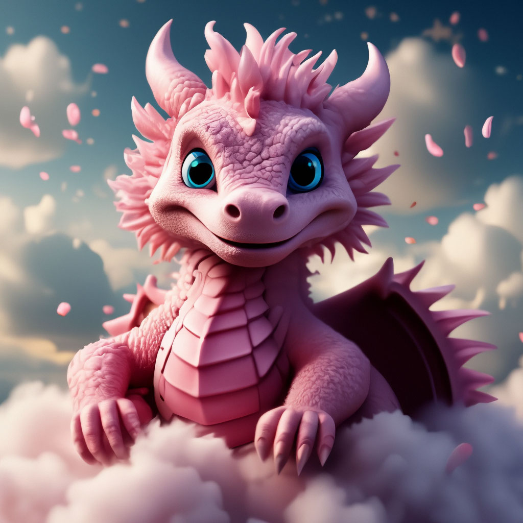 "A cute pink dragon sits on a soft fluffy cloud, fabulous, high detail ...