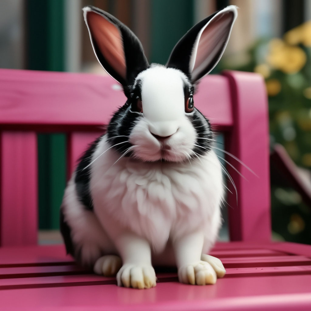 "A black and white rabbit is sitting on a pink bench, aesthetically ...