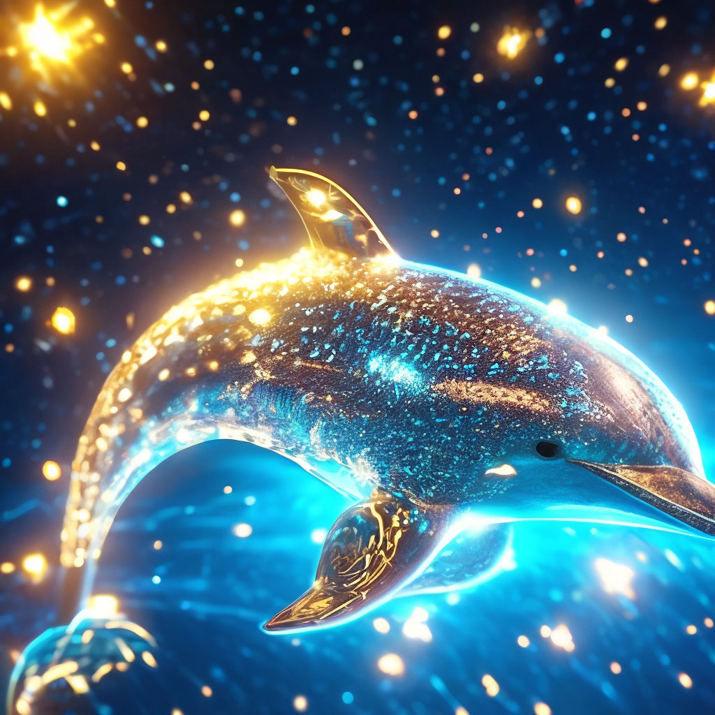 A transparent glowing cheerful dolphin swims among the stars in the sky ...