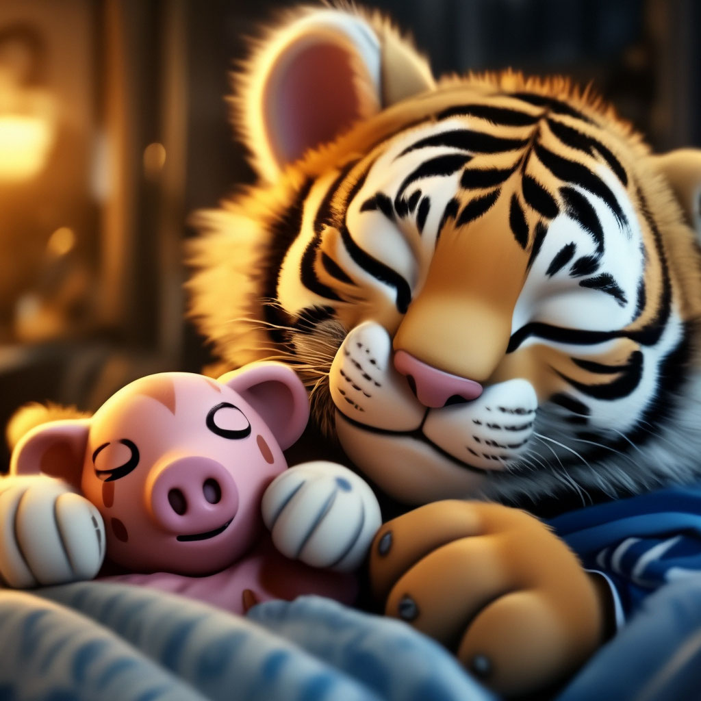 "A sleeping cartoon tiger cub in pajamas, in a crib, on its side ...