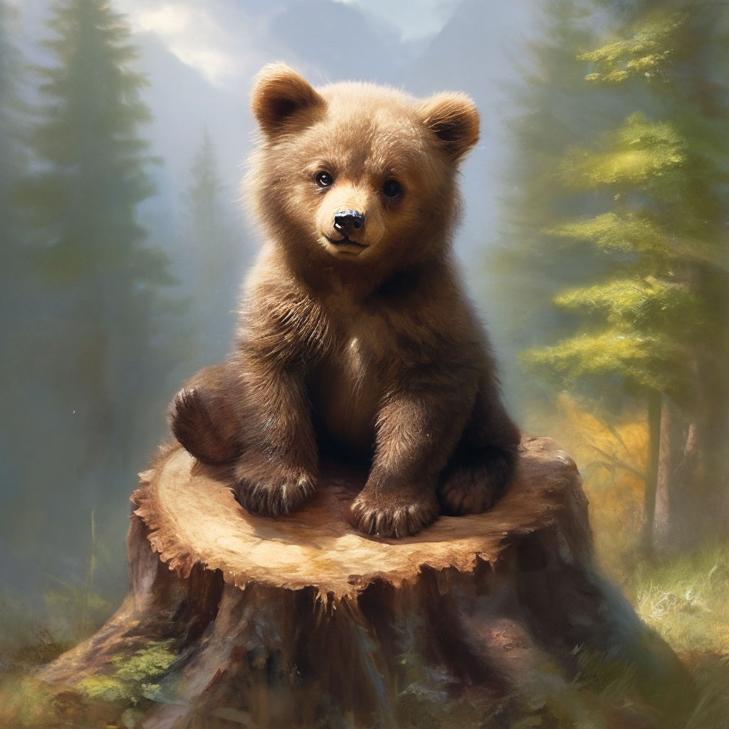 "A brown bear cub.He's sitting on a tree stump." — image created in ...