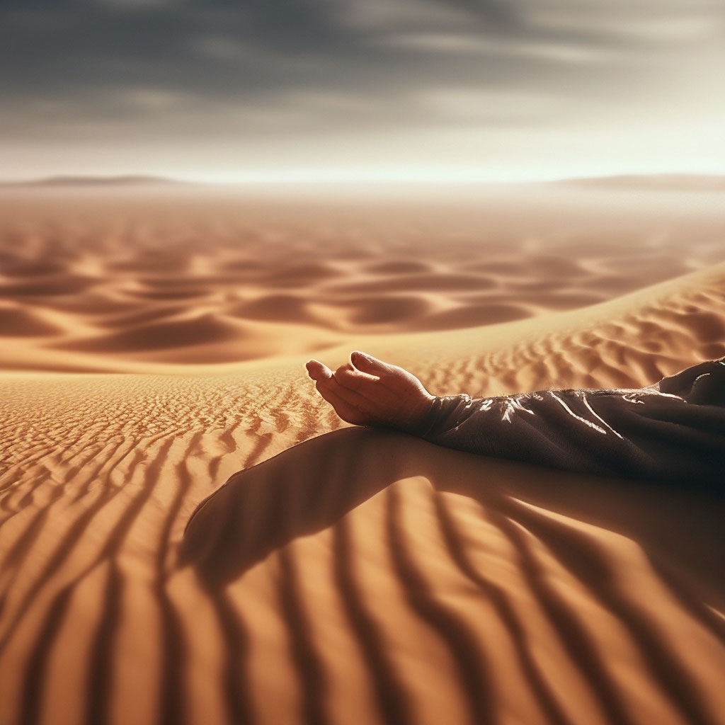 ""Suffering in the desert" A man lies on the sand in the desert and ...