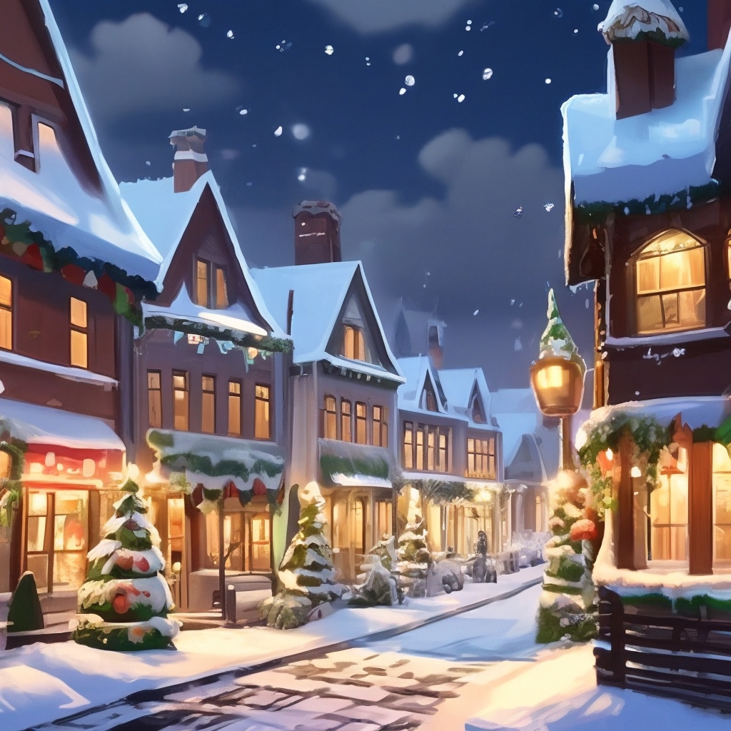 "A street in a small town, winter, Christmas, festive, decorated ...