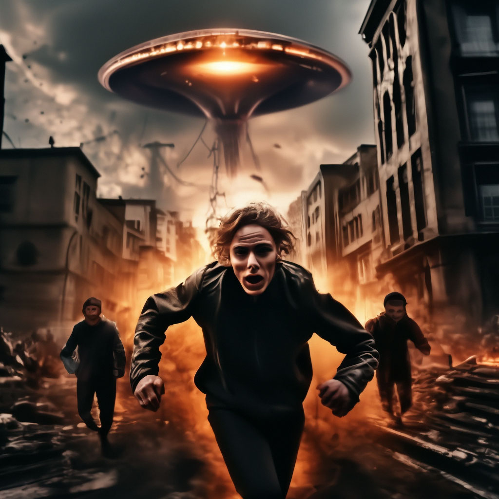 "Alien invasion, apocalyptic photo, scary, people running, panic, ruins ...