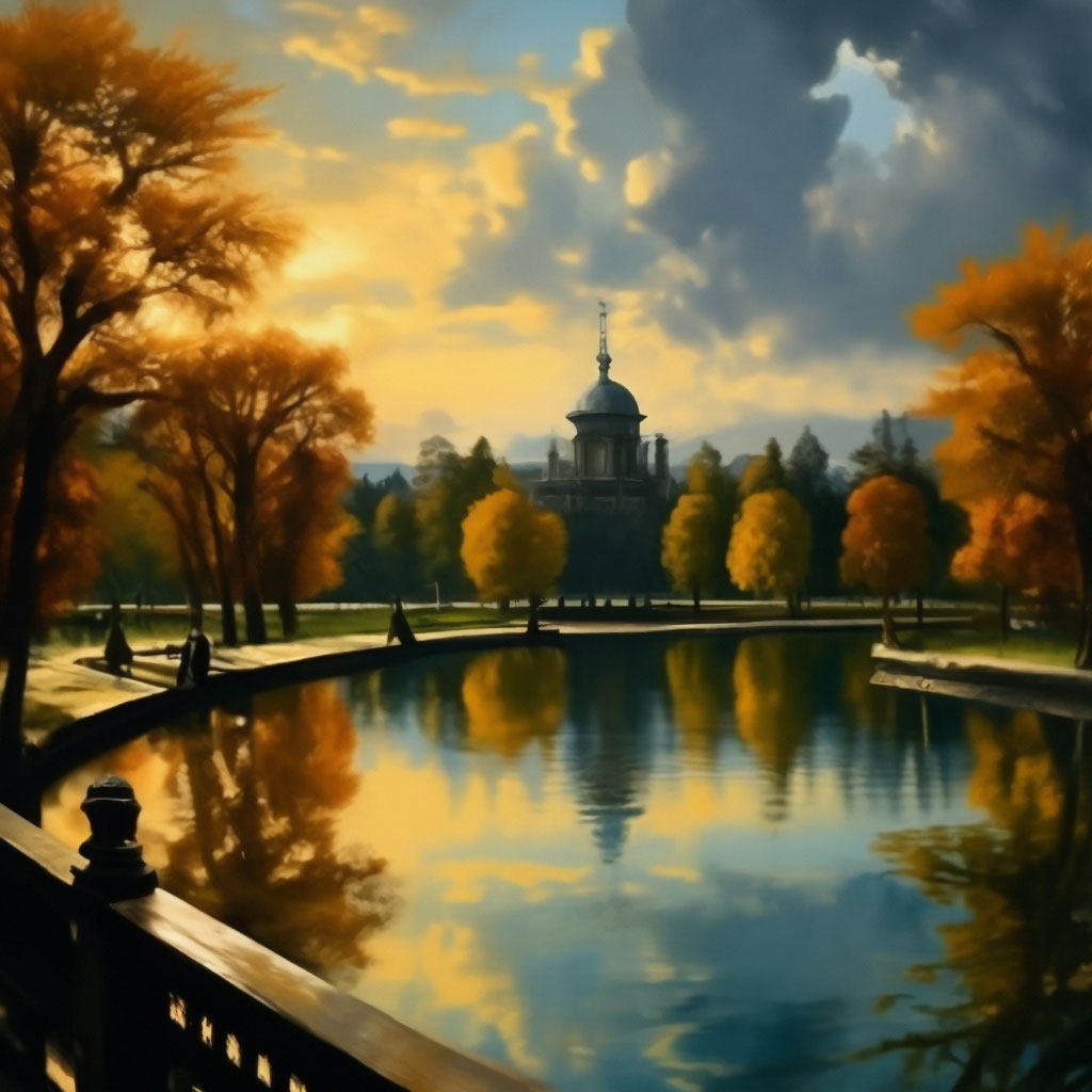 "A park with a lake view in oil painting, with bright shades of water ...