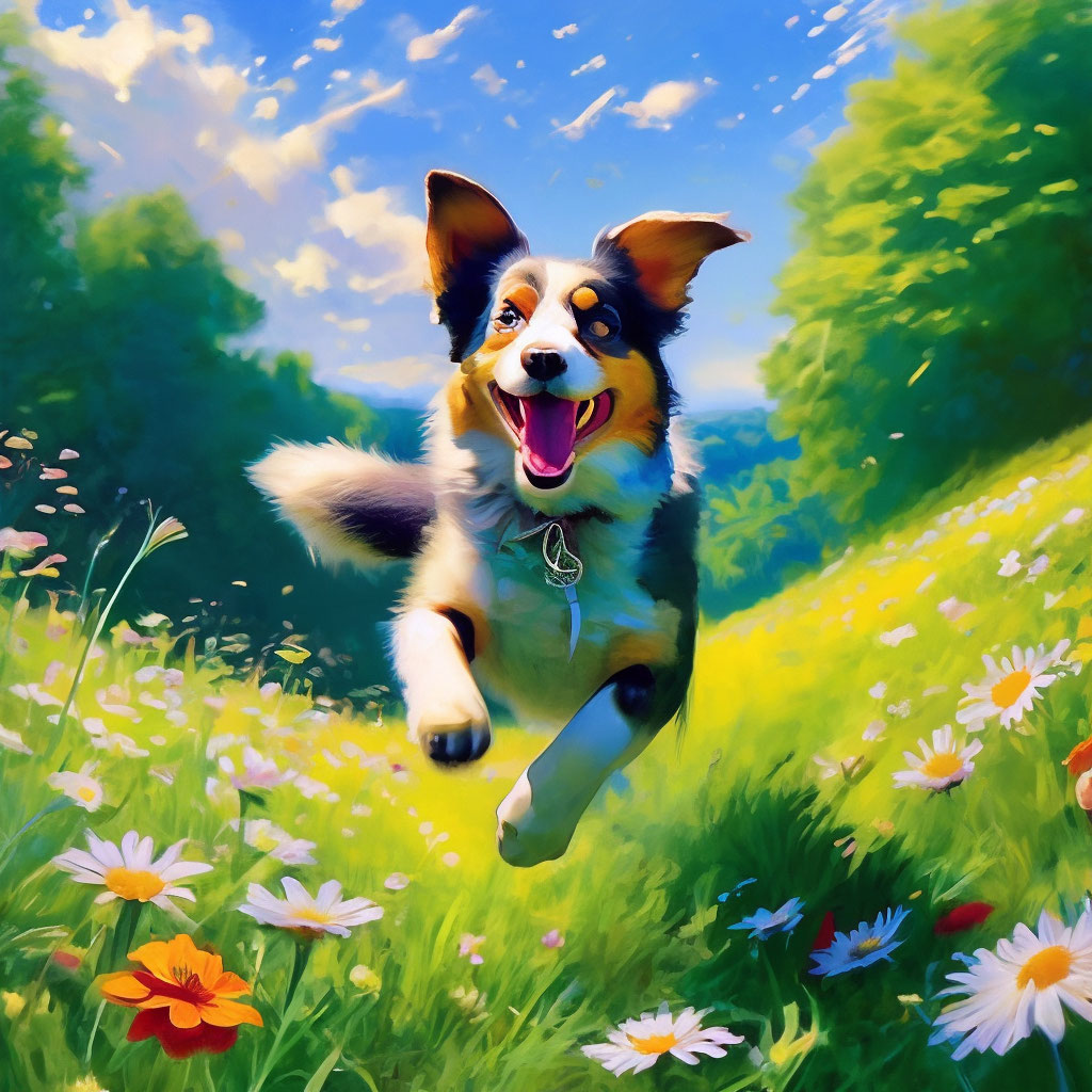 "A playful dog running through a lush green meadow, bright, energetic ...