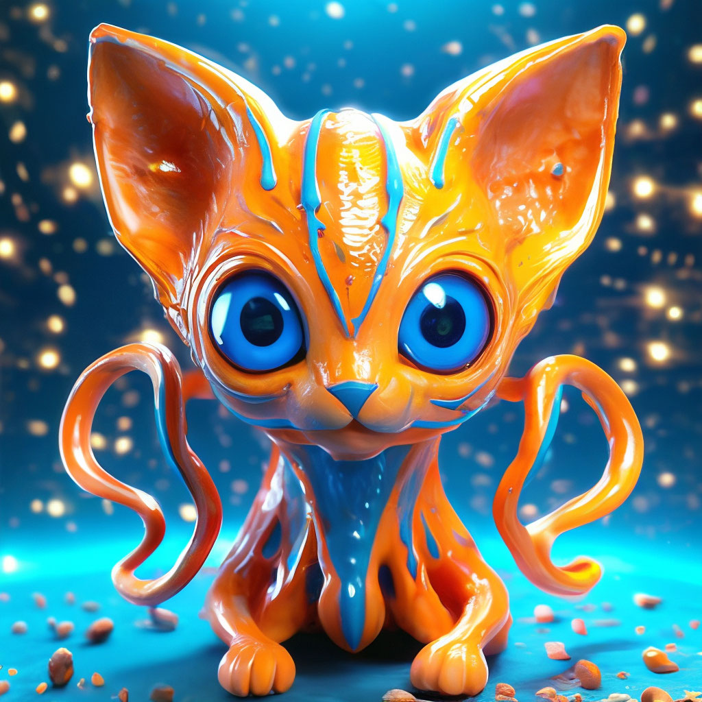 "A bright orange alien cat with blue eyes and large ears from the head ...