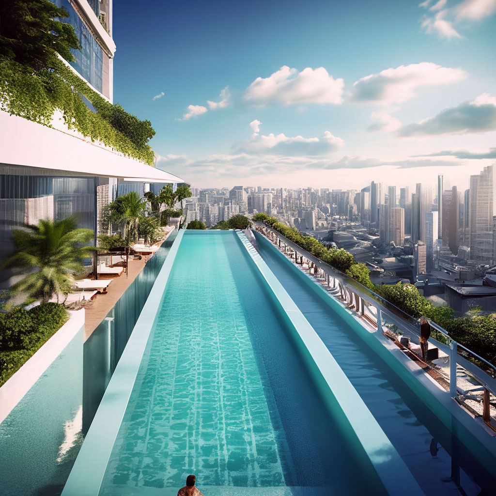 "Swimming pool on the roof of a high-rise building" — image created in ...