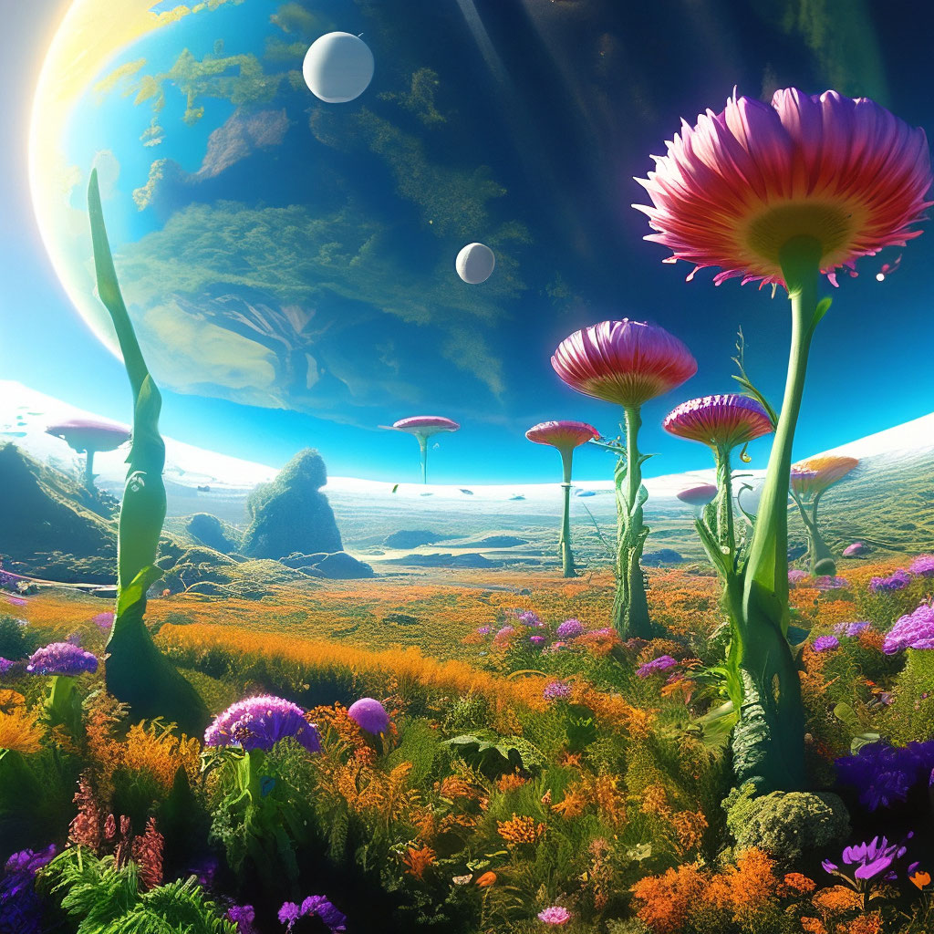 "Space, a field of unusual plants, the planet earth is visible" — image ...