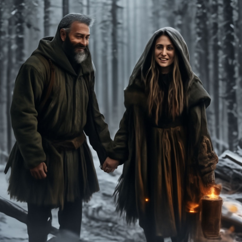 "A cheerful man meets a witch of the northern forests" — image created ...