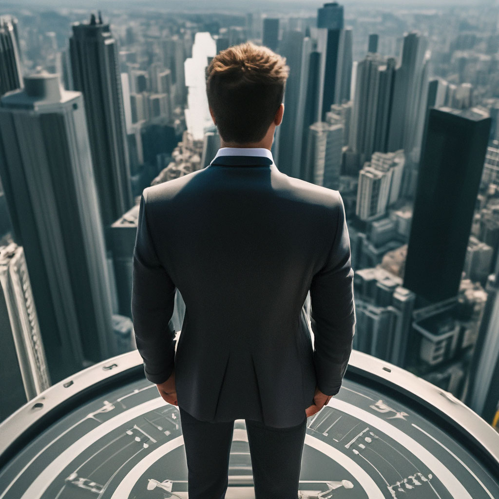 "A man in a suit stands on the edge of a helicopter pad on a skyscraper ...