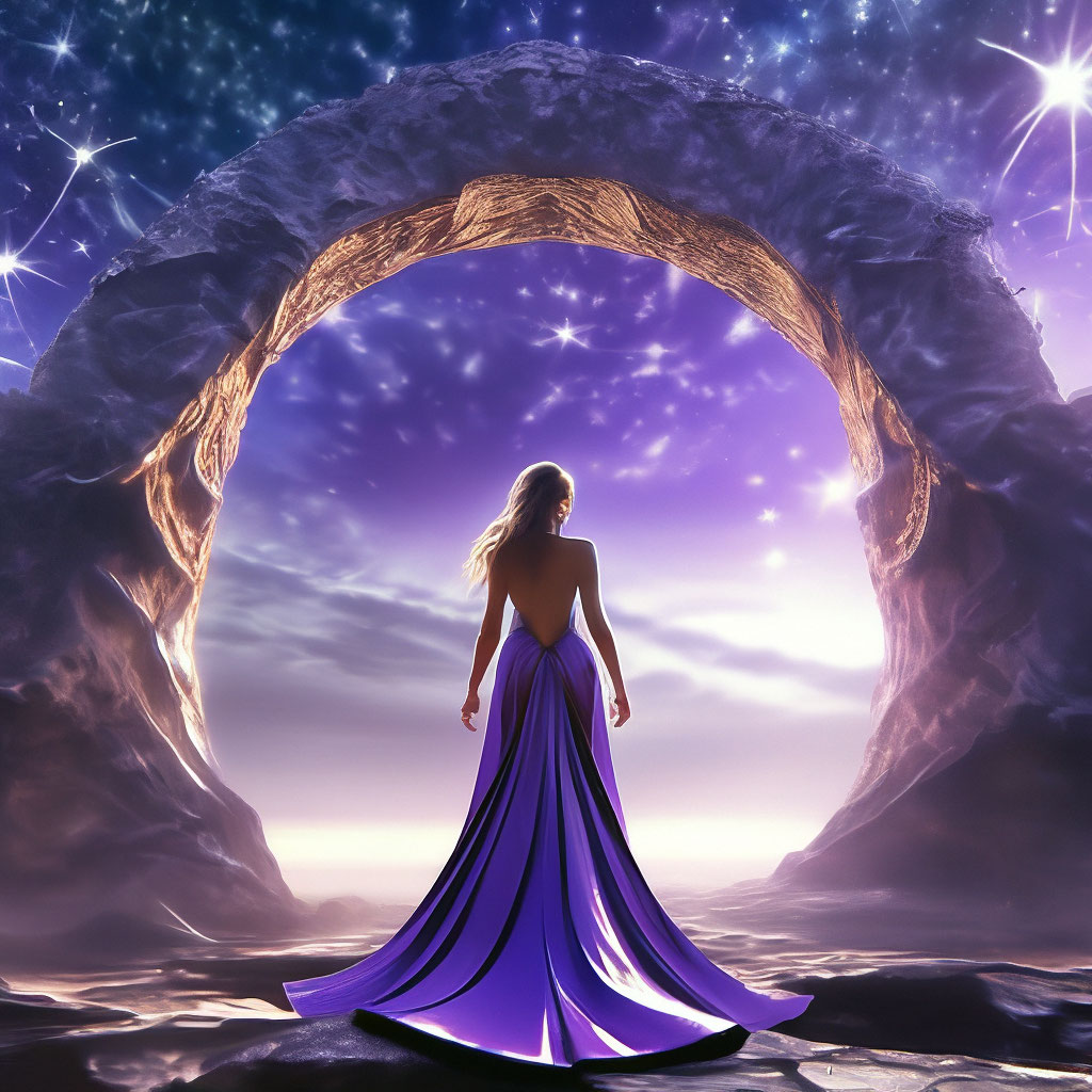 "A girl stands with her back in a purple dress with a train in front of ...