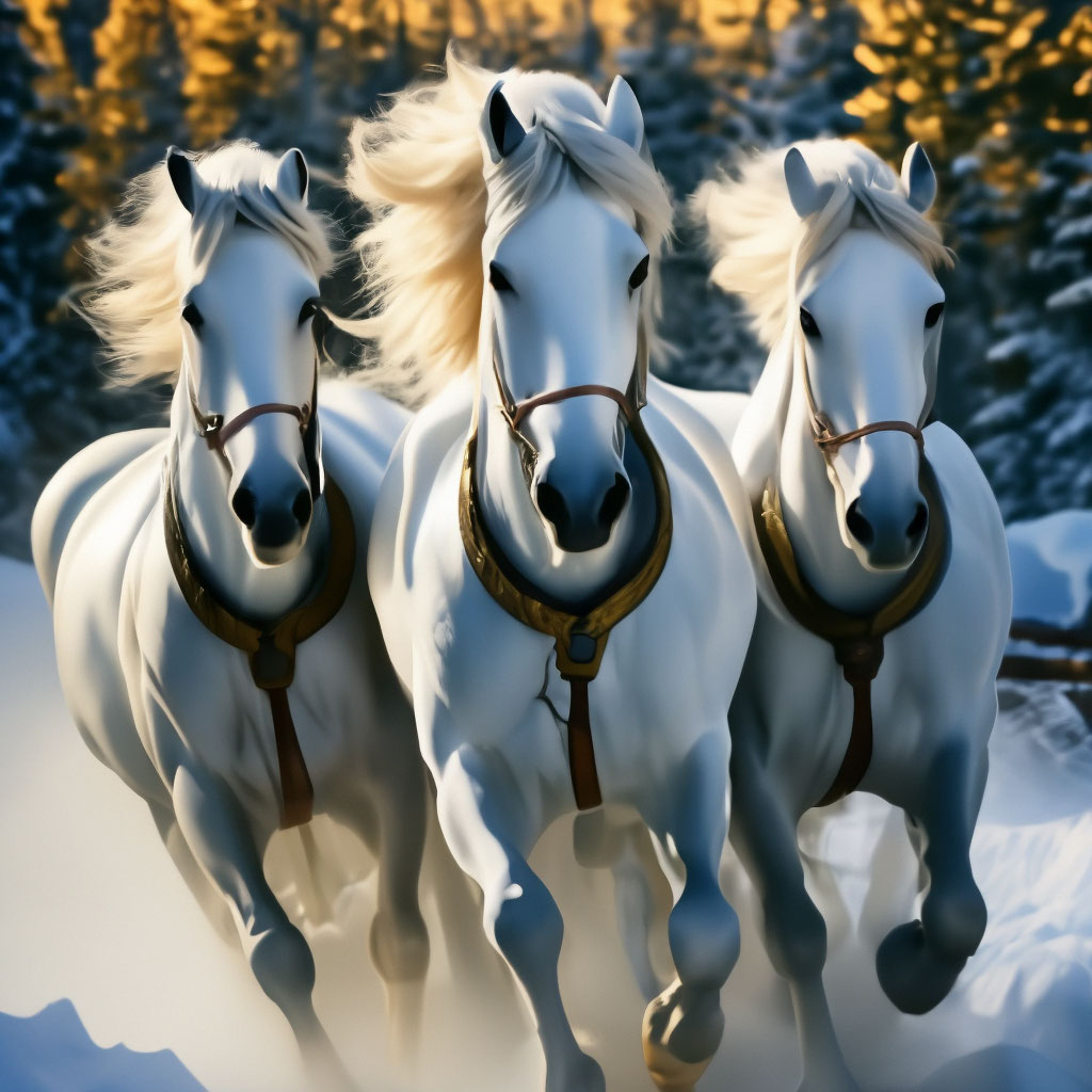 "Megarealism, gorgeous three white horses running through the snow in a ...