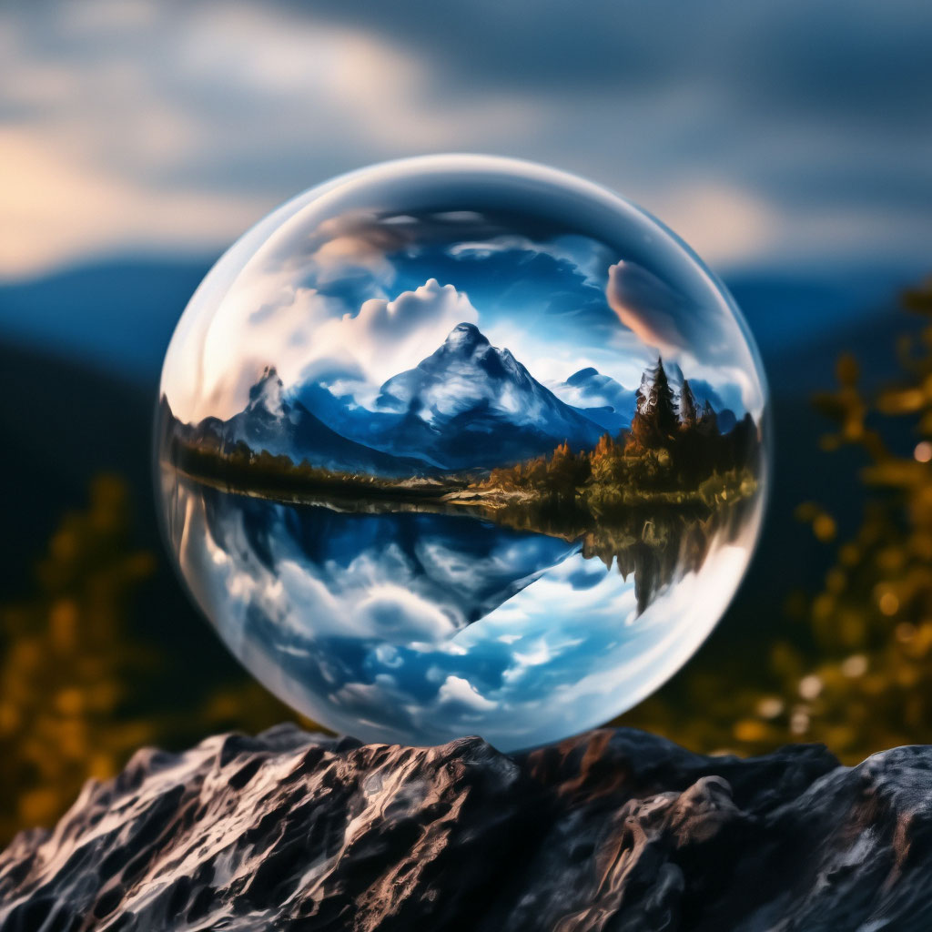 "A transparent glass ball with a fabulous landscape, clouds ...