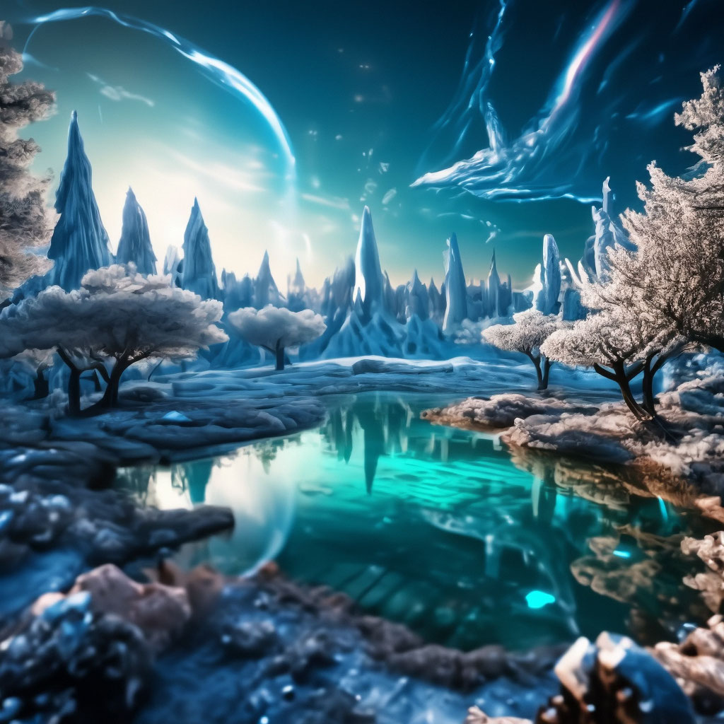 "A fantastic forest on an alien planet where a neon acid turquoise lake ...