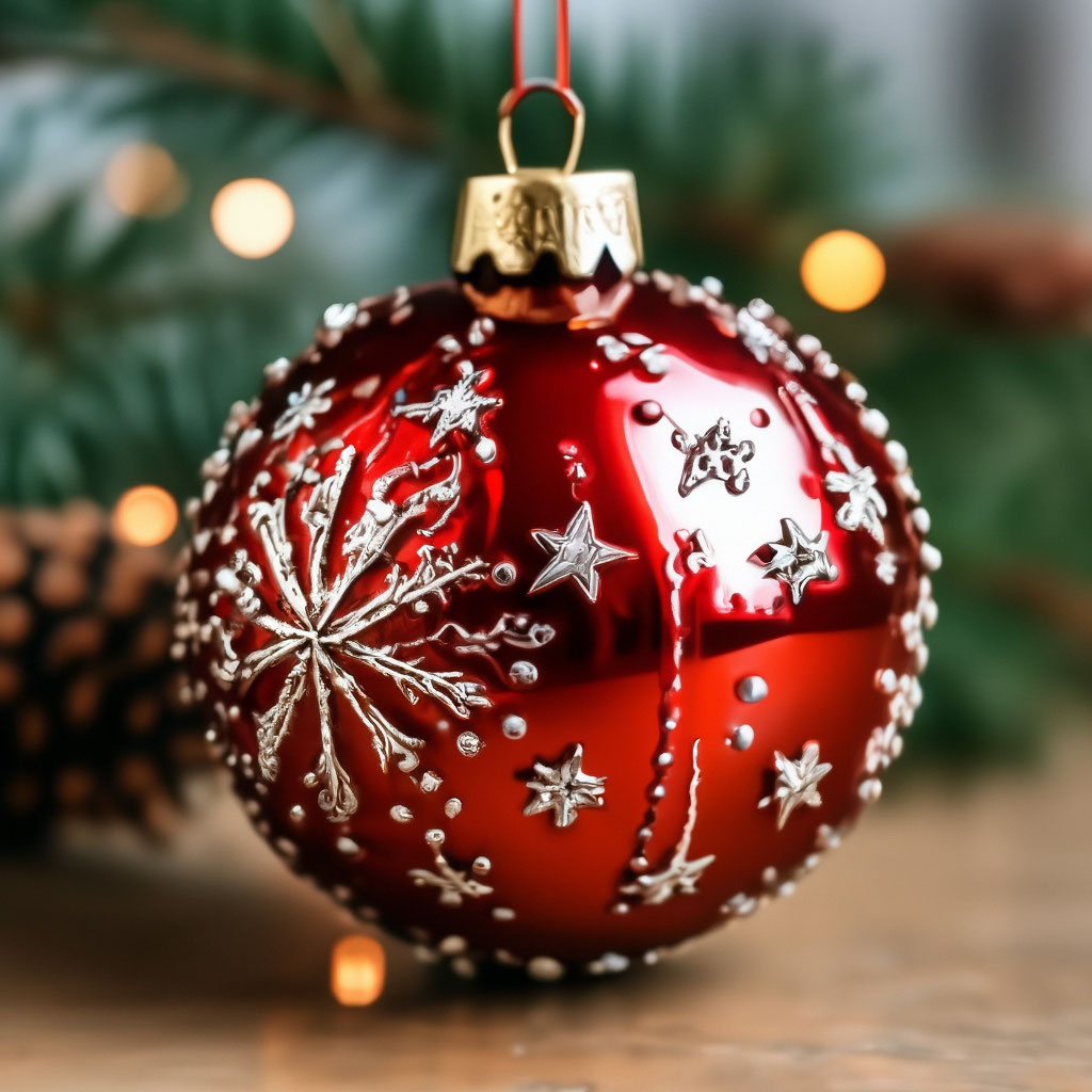 "Christmas tree toy, red glass ball with small stars" — image created ...