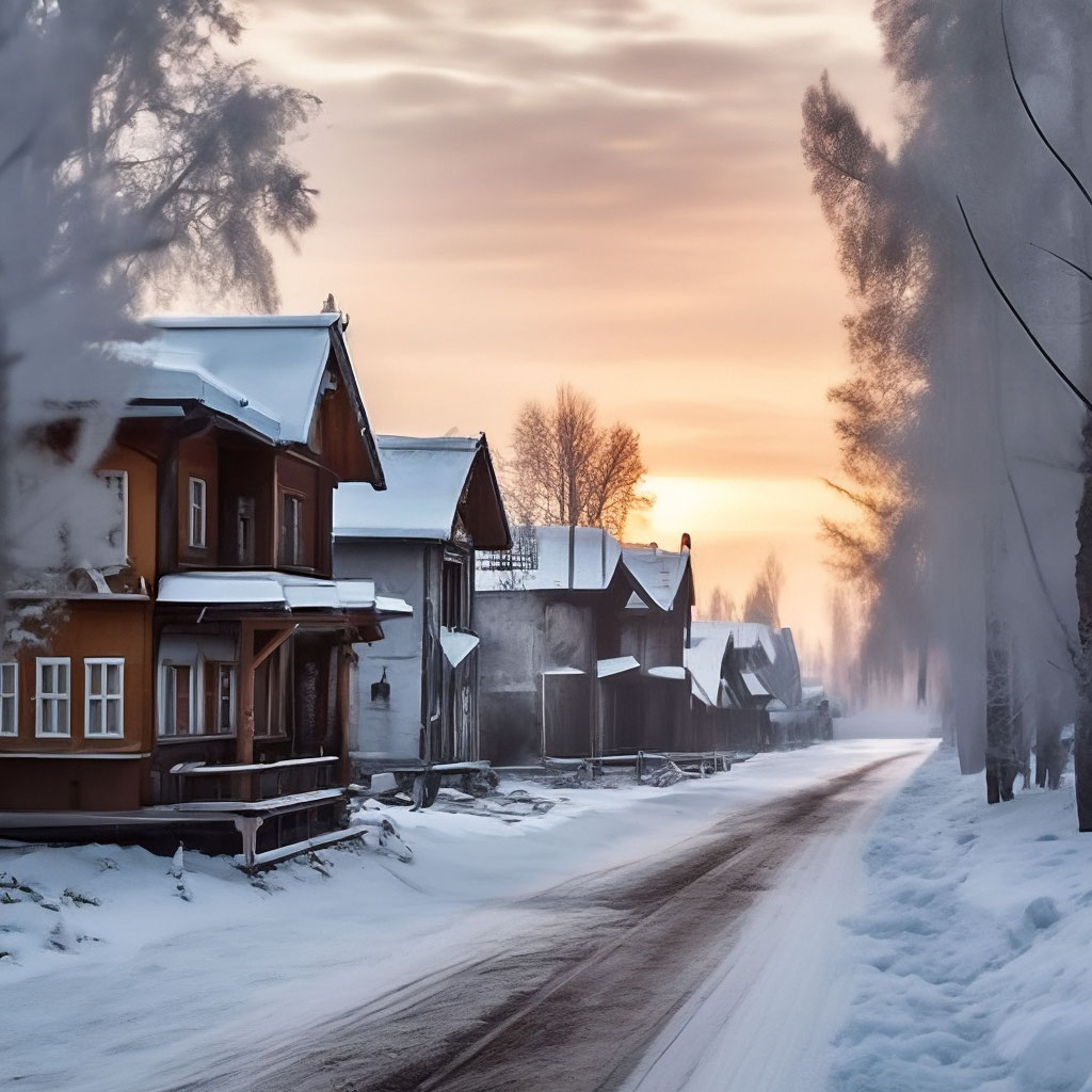 "Snowy street with houses and trees in the background, russian village ...