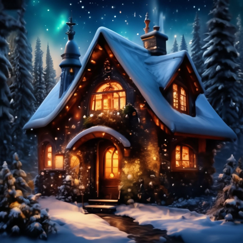 "A fairy-tale house in the forest with Christmas decorations and ...