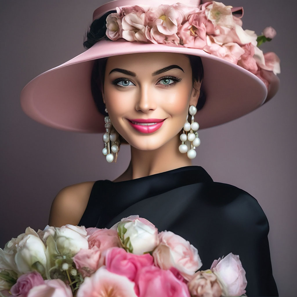 "A woman in an expensive black dress, a pink hat on her head, a bouquet ...
