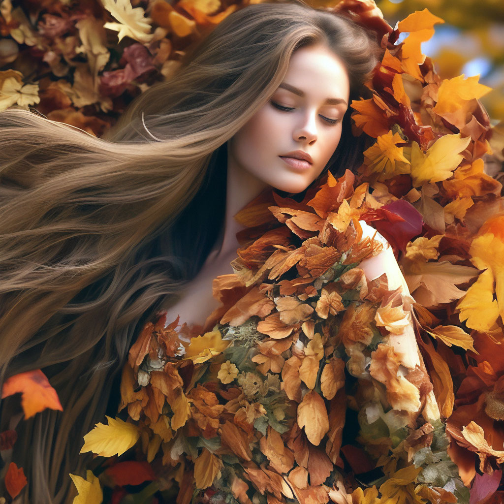 "Beautiful girl with long hair in a sick dress made of autumn leaves ...