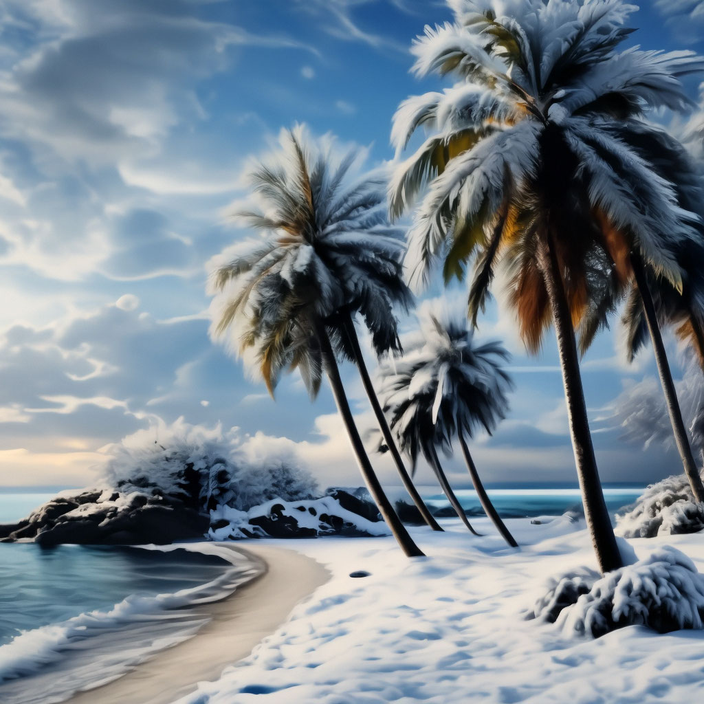 " ️ Winter on a snowy winter island by the Ocean, coconut palms covered ...