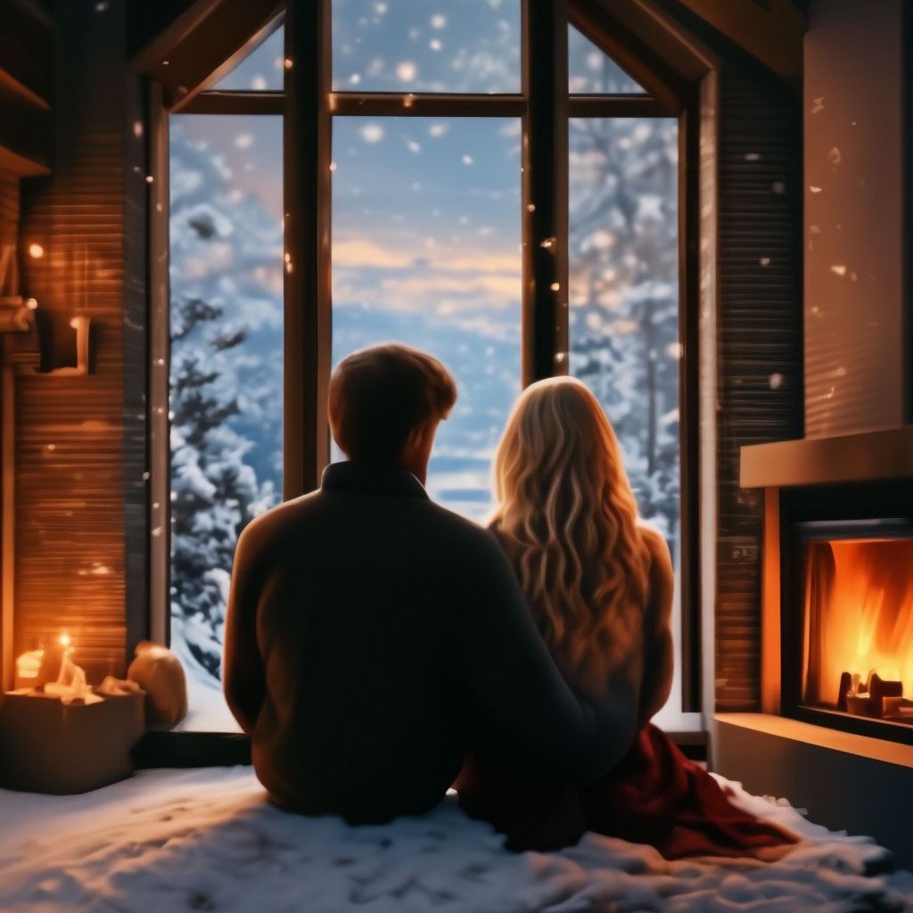 "Comfort, winter, house, fireplace, snow outside the window, a couple ...